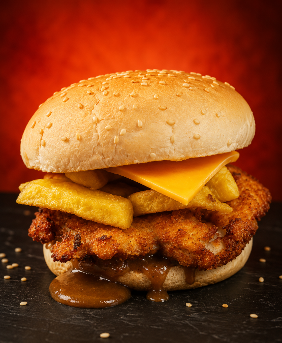 Schnitzel burger with chips and cheese